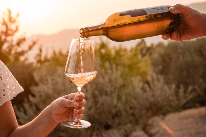 Sunset wine tasting in vineyard - Tasting wine, olive oil, and homemade food